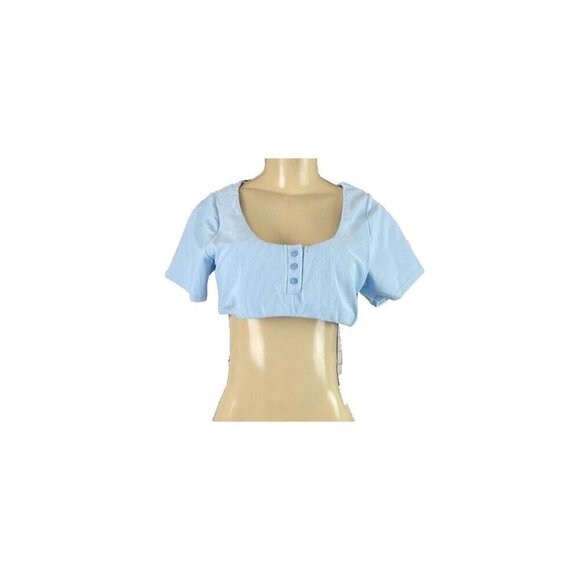 Swimsuits For All L Blue Ribbed Lined Scoop Neckline Short Sleeve Crop Swim Top - Picture 3 of 6